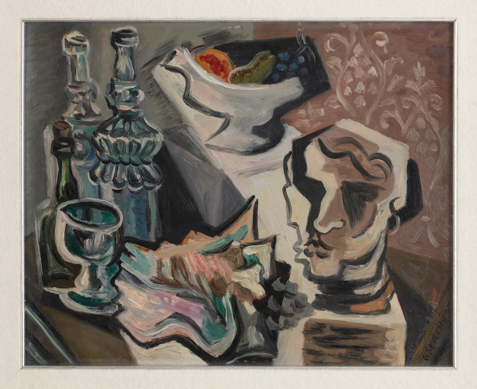 An oil painting of a still life with bottles, a fruit bowl and a bust.