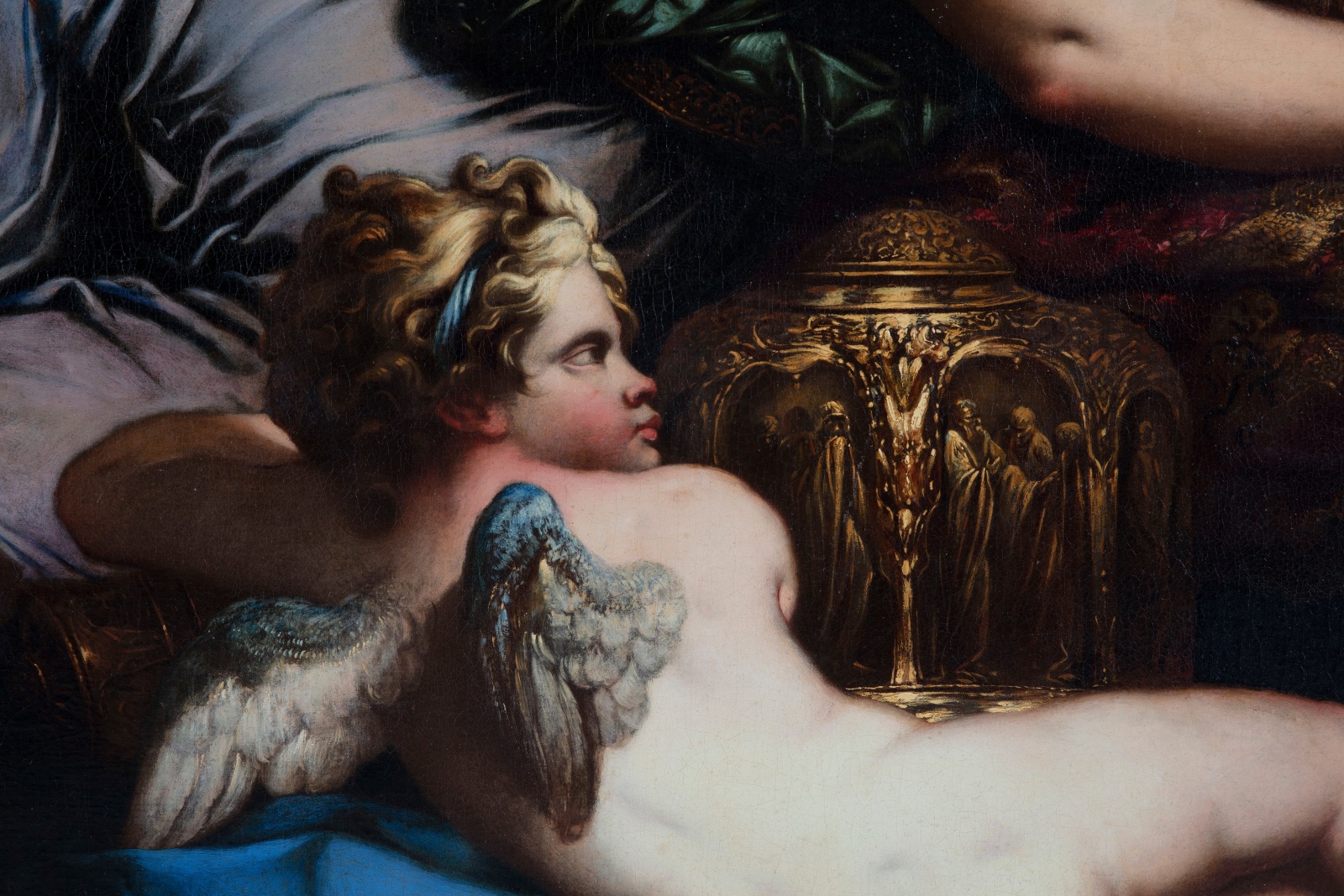 Mythological painting with elderly man, reclining woman, and cherubs