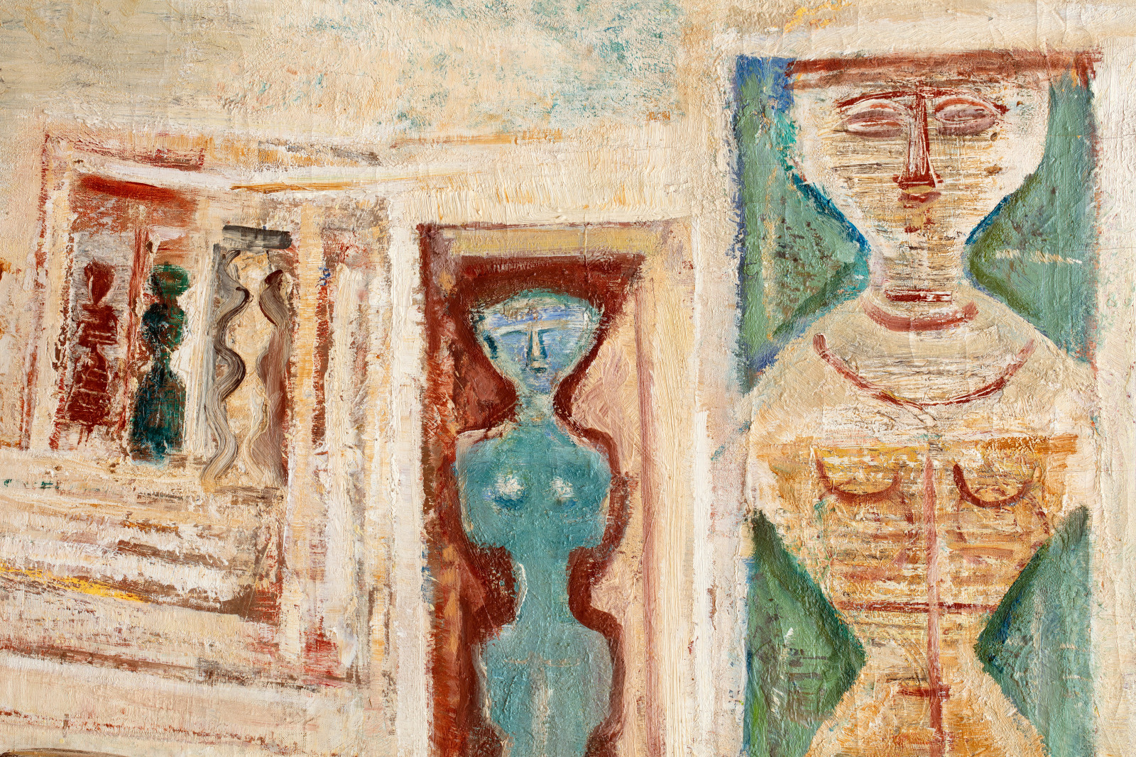 Detail of an oil painting that depicts a structure and female figures in a minimalist style. The image is composed of simple, geometric shapes, and the colours used are predominantly creams along with blues, greens and red.