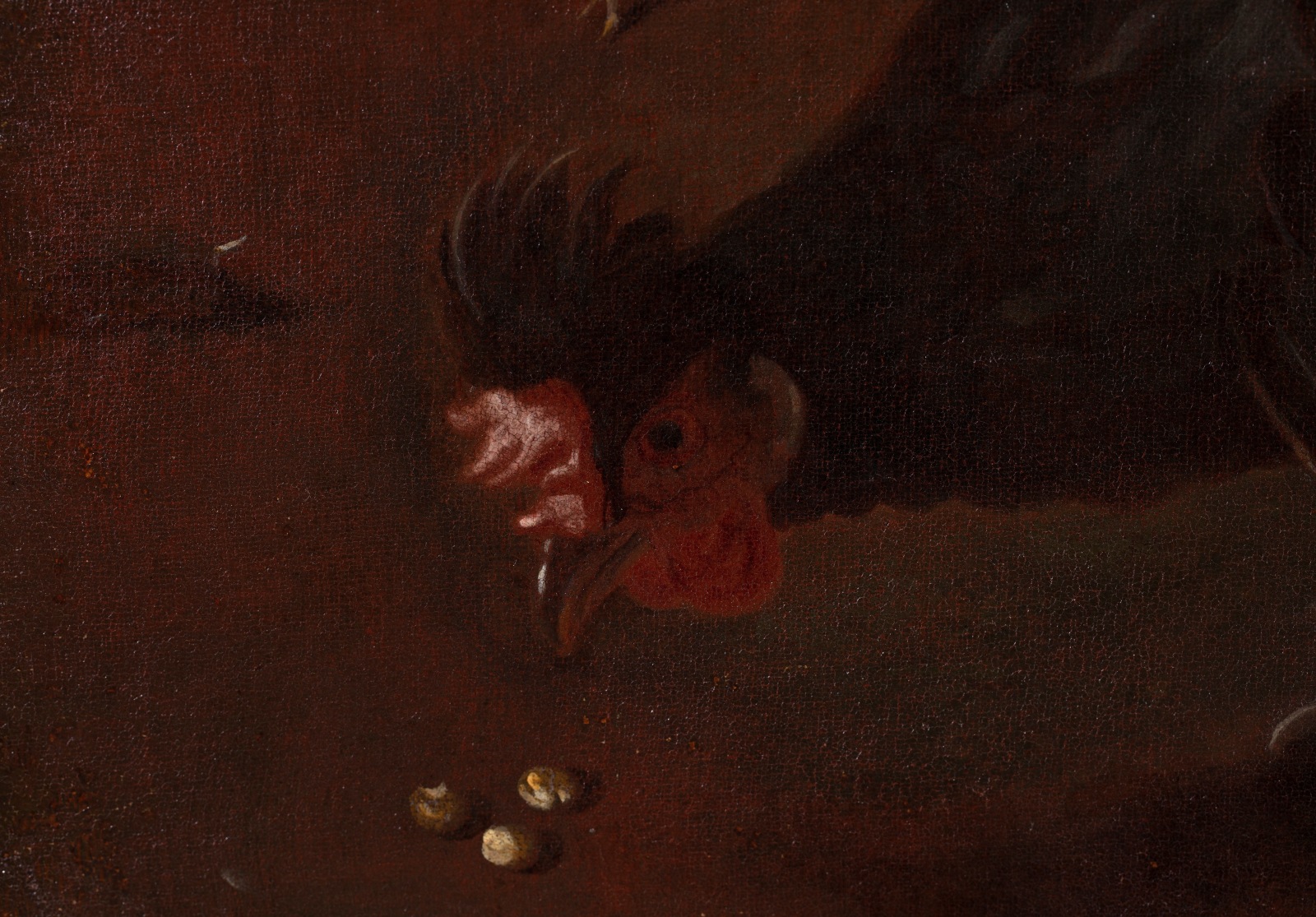 Painting of a rooster, some hens, a goose and a turkey