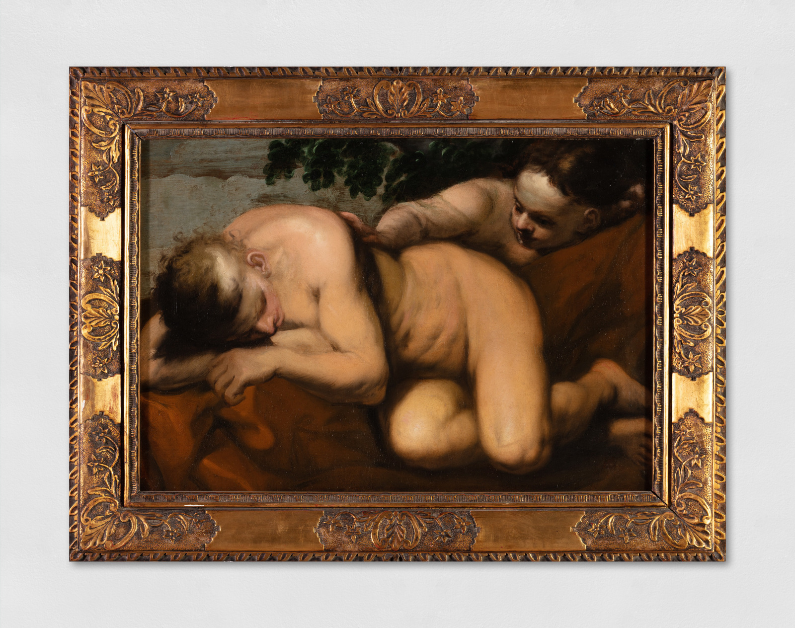 An oil painting of a sleeping menade. In Greek mythology, maenads were the female followers of Dionysus. One figure lays sleeping while another leans over, placing a hand on their shoulder.