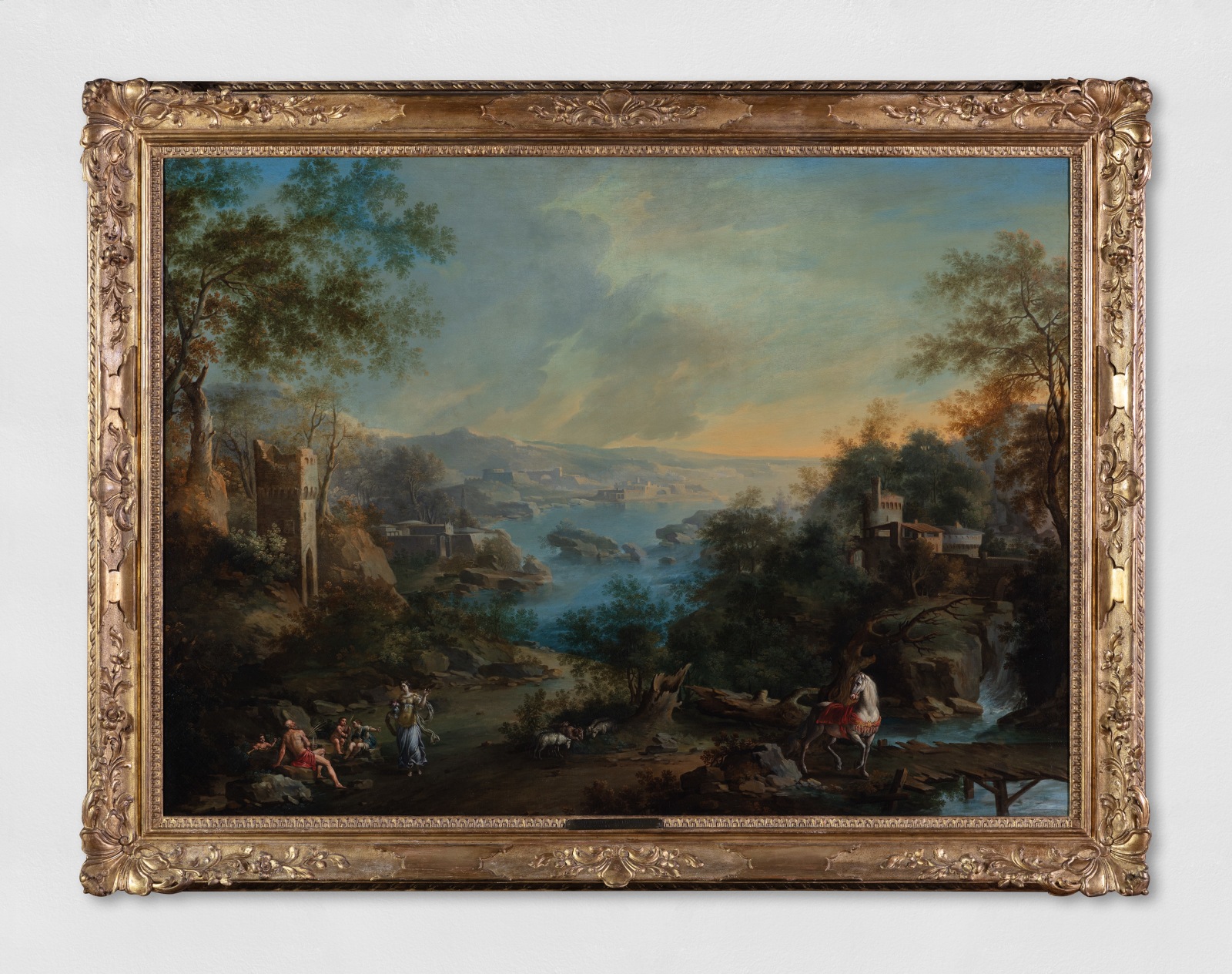 Painting depicting a bucolic landscape and several figures conversing.