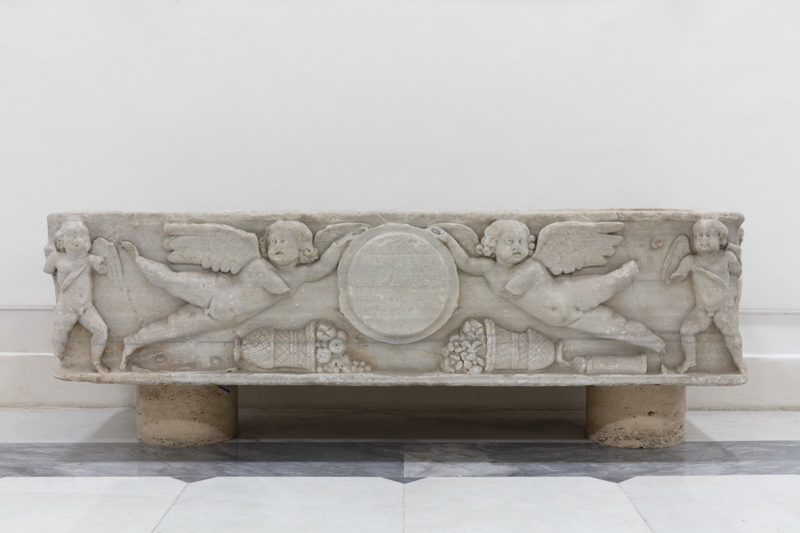 A marble sarcophagus.
