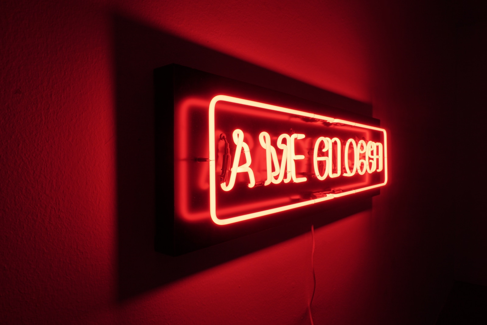 A hand-blown and hand-folded neon lettering, mounted on Dibond that reads 