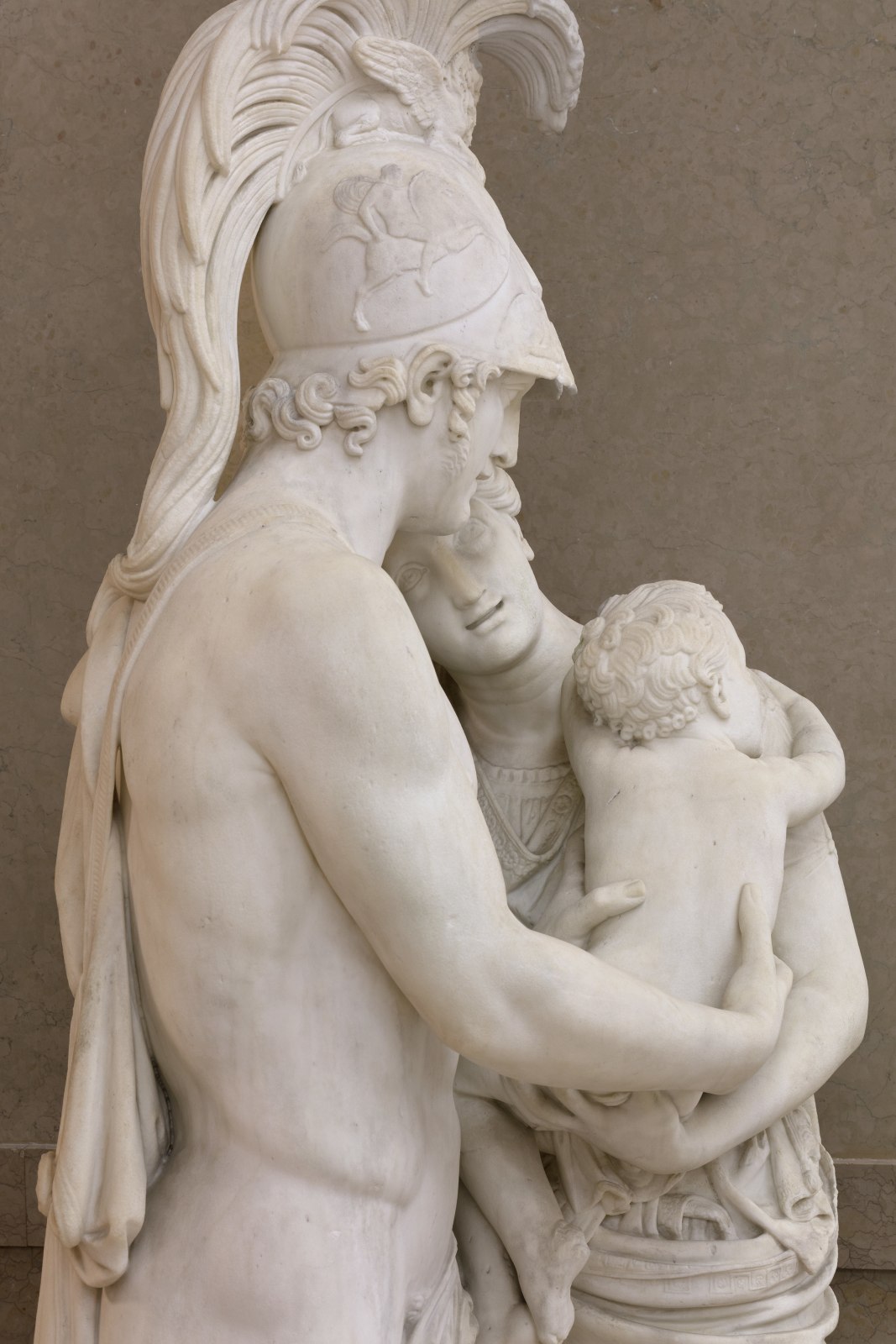 Detail of a marble sculpture depicting a scene from the Iliad, a major ancient Greek epic poem attributed to Homer, where the character Hector is saying farewell to his wife Andromache and son Astynax so that he could fight in the Trojan War.