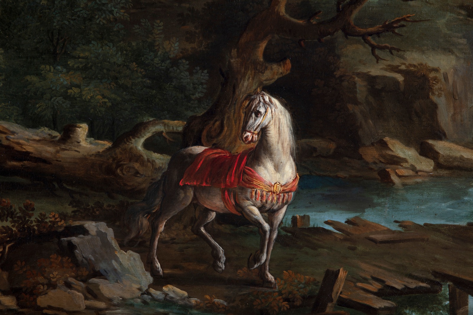 Detail of a painting of a white horse