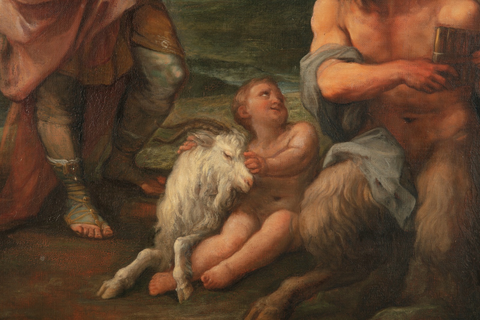 Detail of an oil painting depicting a story from Ovid's Metamorphoses, the Judgment of Midas. Pan, centre-right with goat legs, challenged the god of music, Apollo, centre-left, cloaked in red, to a musical competition. King Midas disagreed with Apollo as the winner, and so Apollo gave Midas donkey ears for his bad judgment. The detail shows a small figure with a white goat.