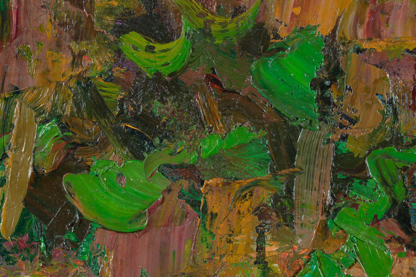 Detail of an abstract oil painting of a landscape in green, brown and blue.