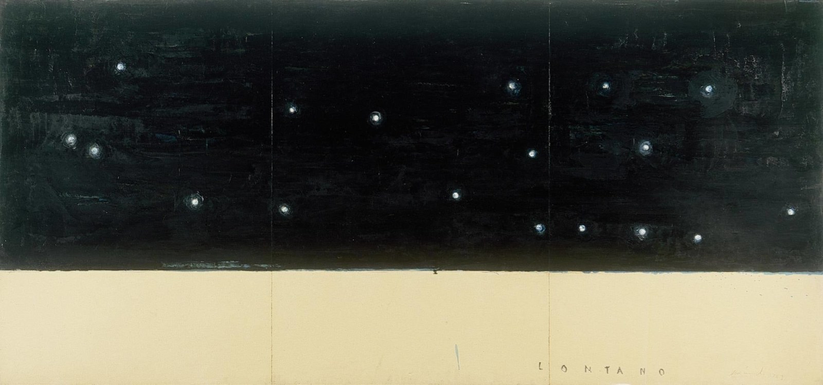 Abstract painting with the inscription “LONTANO” (“FAR AWAY”).