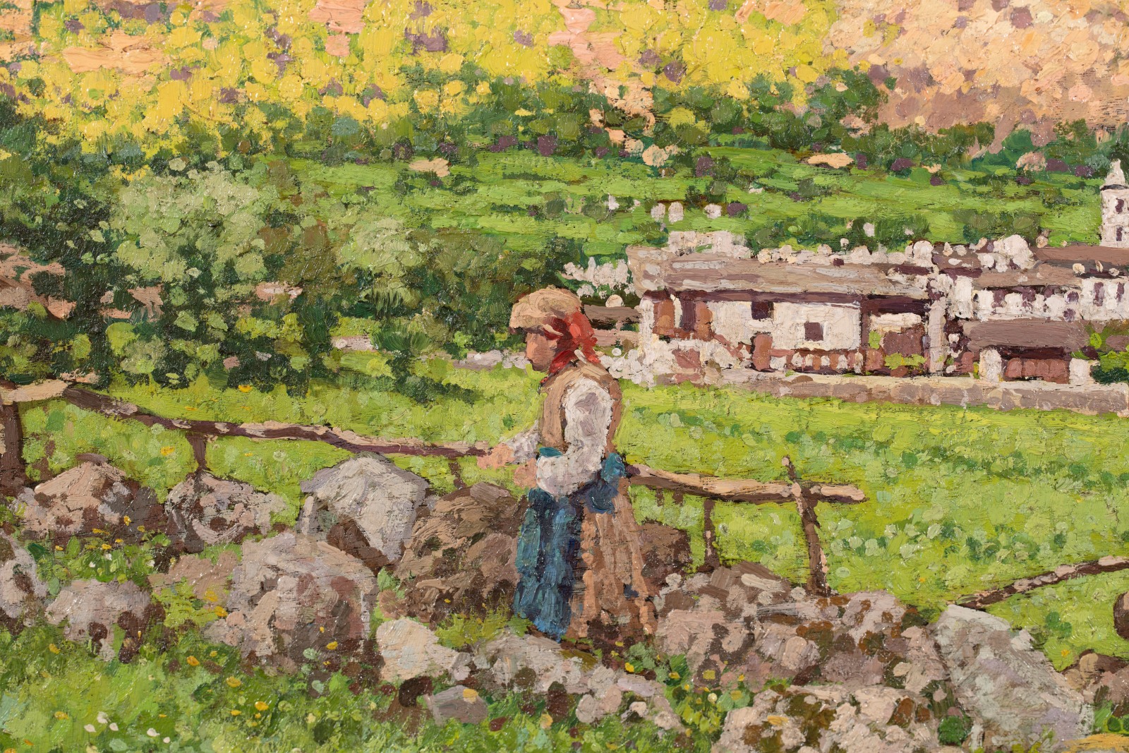 Detail of a landscape oil painting of a day at noon in May around Ivrea, Italy, showing a mountain, village and figure in the field.