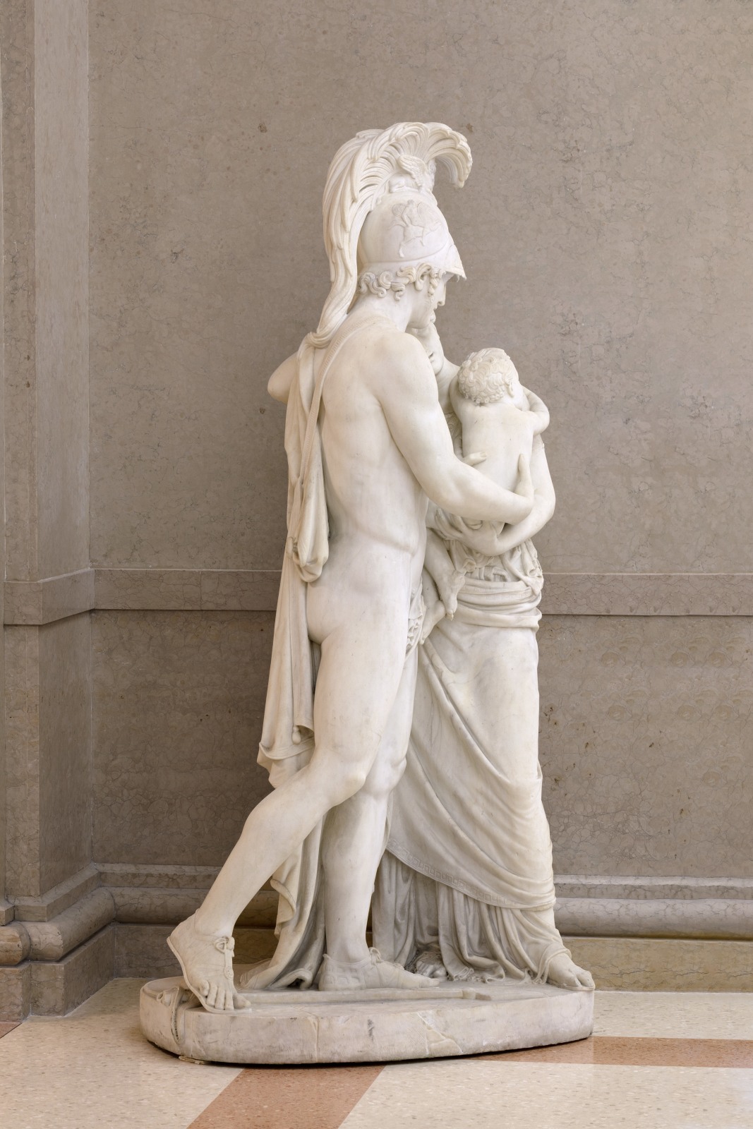 A marble sculpture depicting a scene from the Iliad, a major ancient Greek epic poem attributed to Homer, where the character Hector is saying farewell to his wife Andromache and son Astynax so that he could fight in the Trojan War.