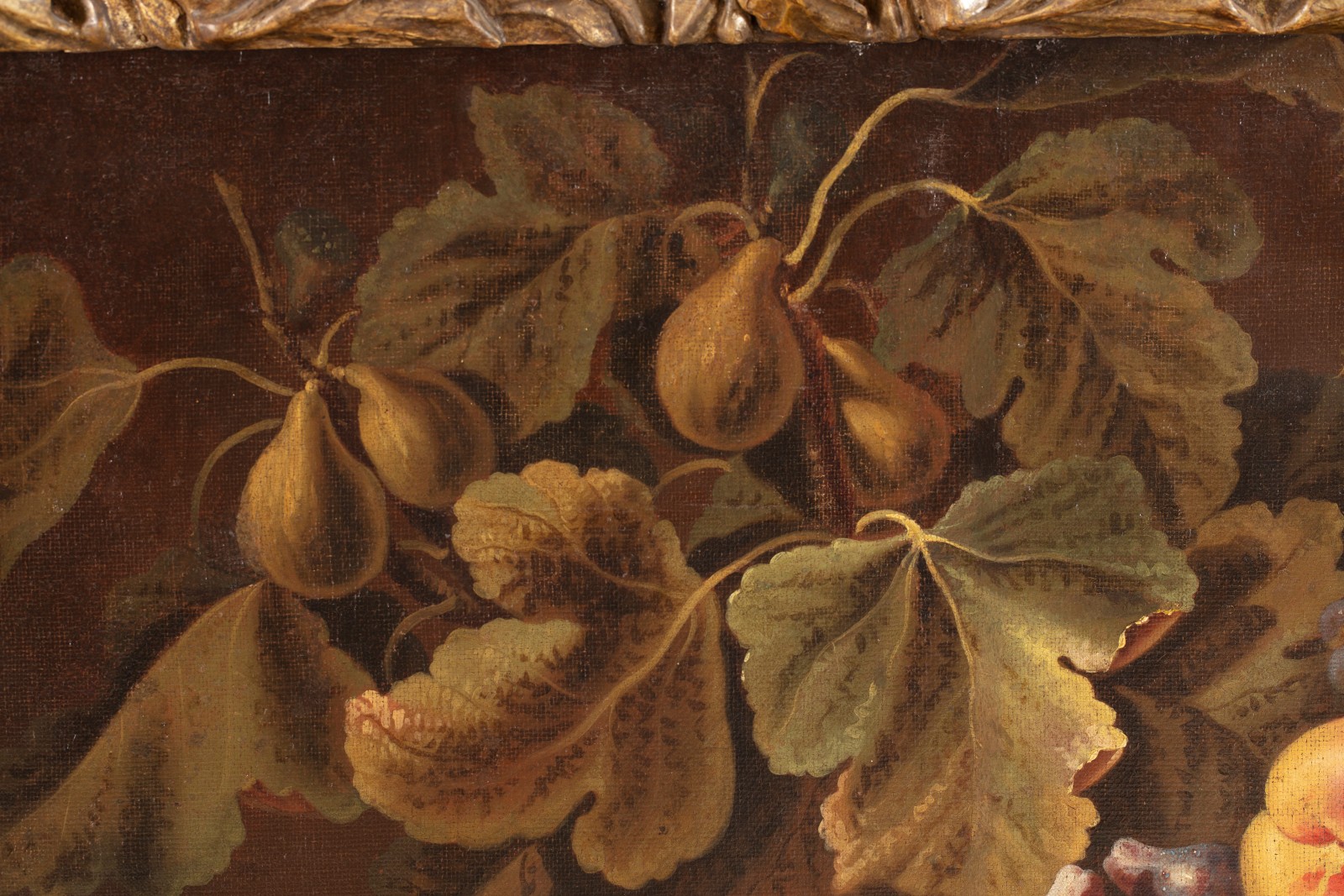 Detail of an oil on canvas painting of pears.