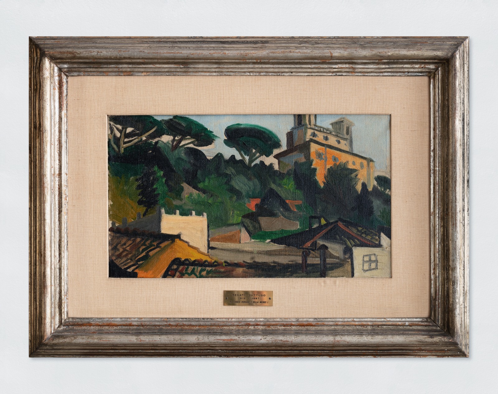 An oil painting of the Villa Medici in a Roman landscape.