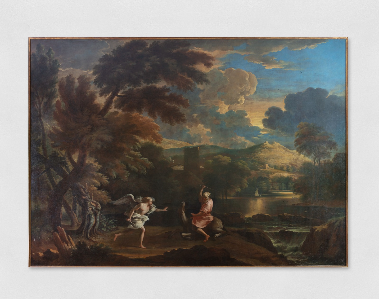 An oil painting of a landscape with the Prophet Balaam and an angel.