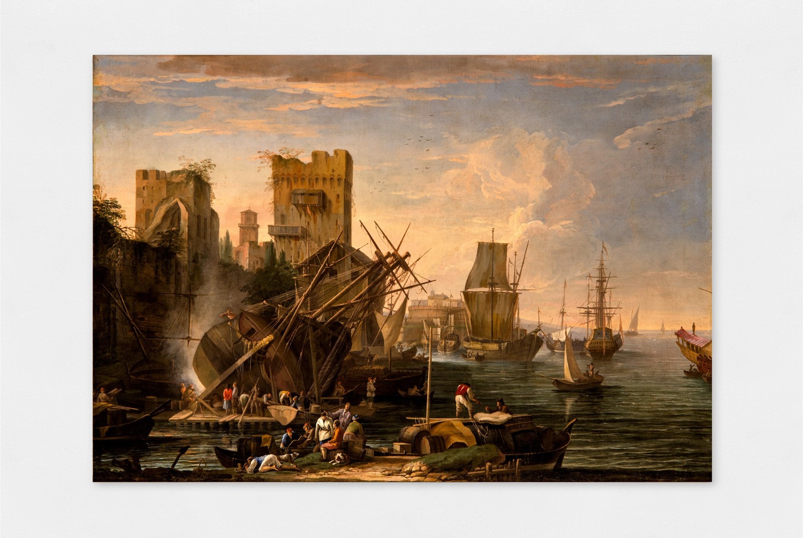 An oil painting of a view of a fortified port and arsenal.
