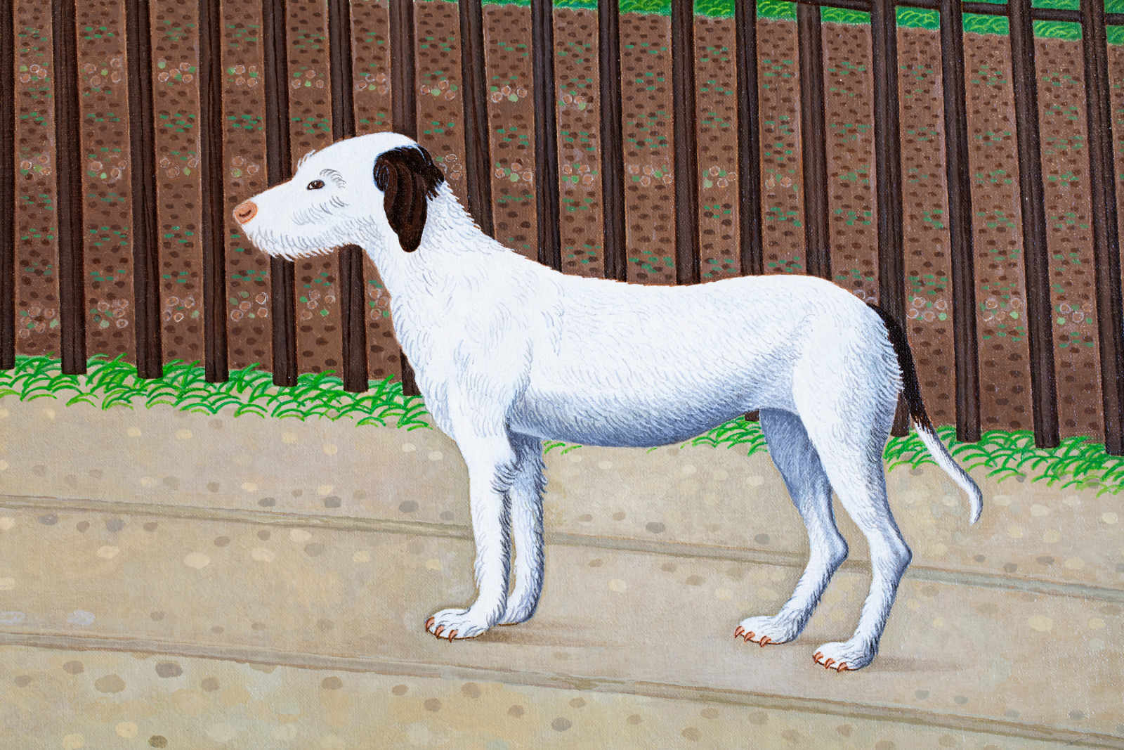 Detail of an oil painting of someone returning from work in the countryside on a donkey alongside a dog. The landscape shows rolling hills. The rider has red hair, an orange jacket, a white shirt and blue jeans. Around their body is a shotgun. The horse is black, and the dog is white and brown.