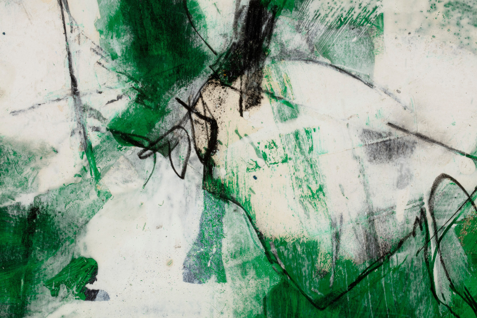 Detail of an oil paint and mixed media abstract composition in green, white, and black. Artwork details: Artist: Afro Basaldella. Artwork title: Composizione verde. Artwork year: 1963. Artwork medium: Oil and mixed media. Artwork dimensions: 48 x 63 cm.