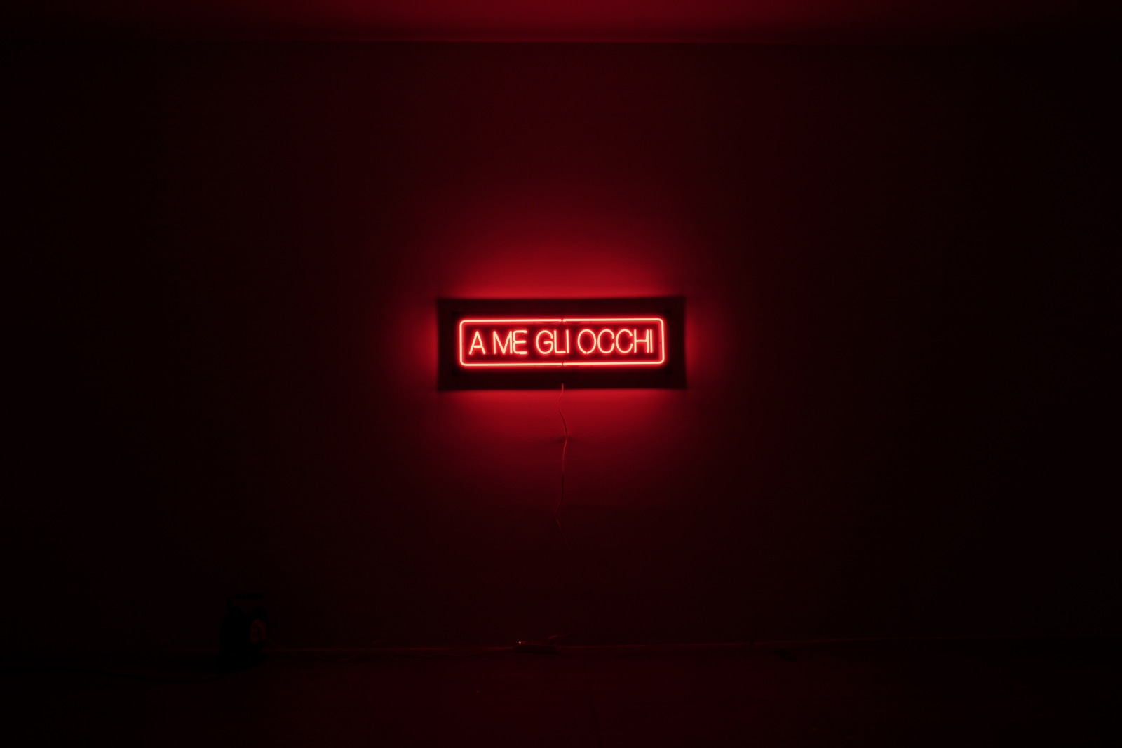 A hand-blown and hand-folded neon lettering, mounted on Dibond that reads 