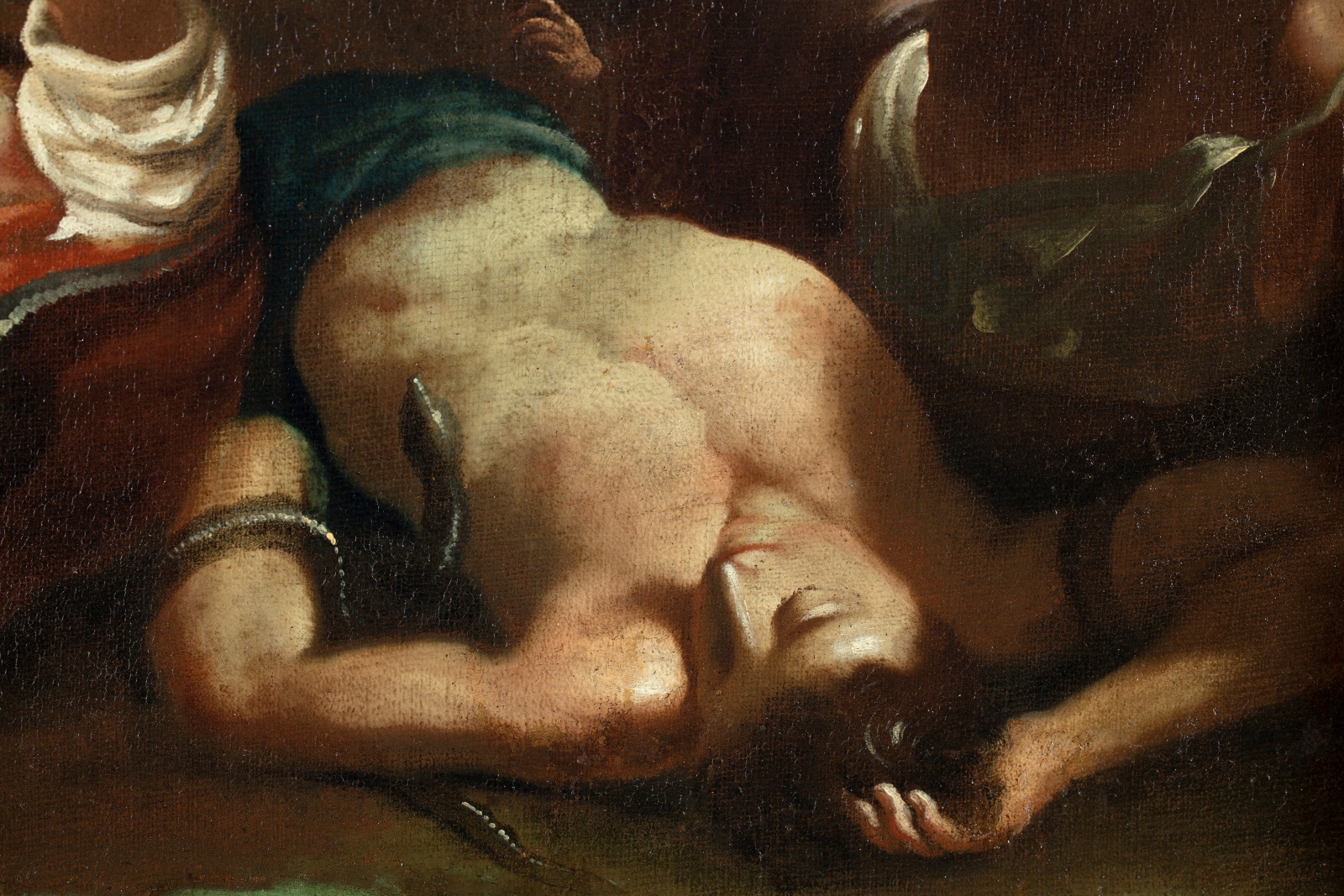 Detail of a painting depicting a man with a snake around his arm