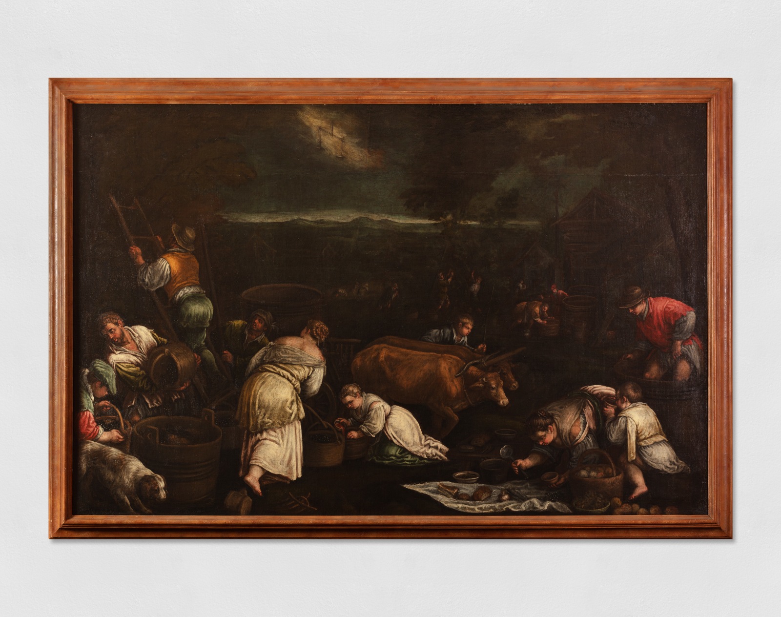 An oil painting of rural people harvesting food.