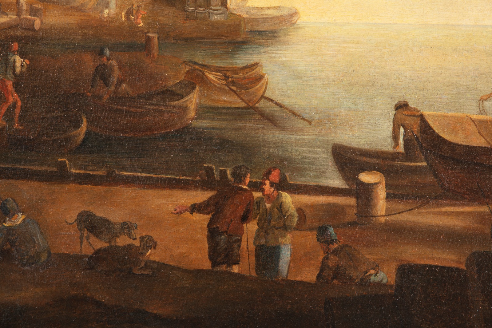 painting depicting a harbor scene, with architectural elements, ships, and figures in a lively coastal setting.