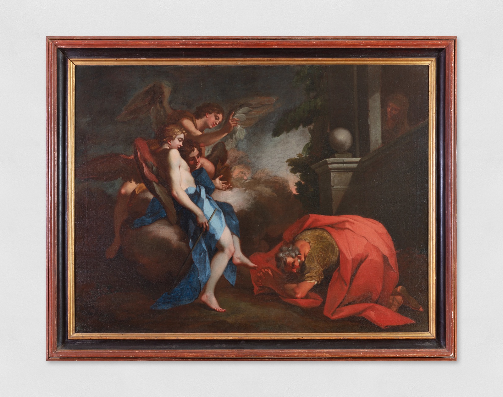 An oil painting of the biblical event the Trinity, three angels visiting Abraham at the Oak of Mamre (Genesis 18:1–8). Abraham is cloaked in rich red, while the angels are draped in vibrant blue.