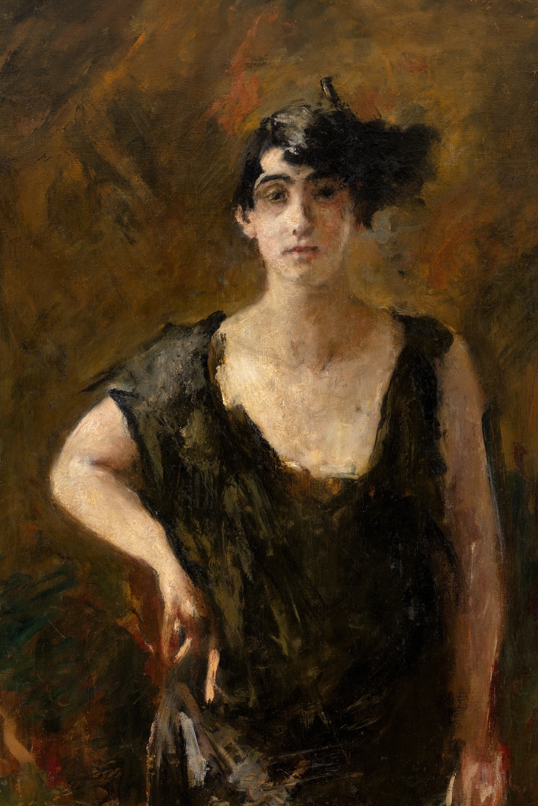 A detail of an oil painting of a woman dressed in black against an abstracted background of browns and orange.