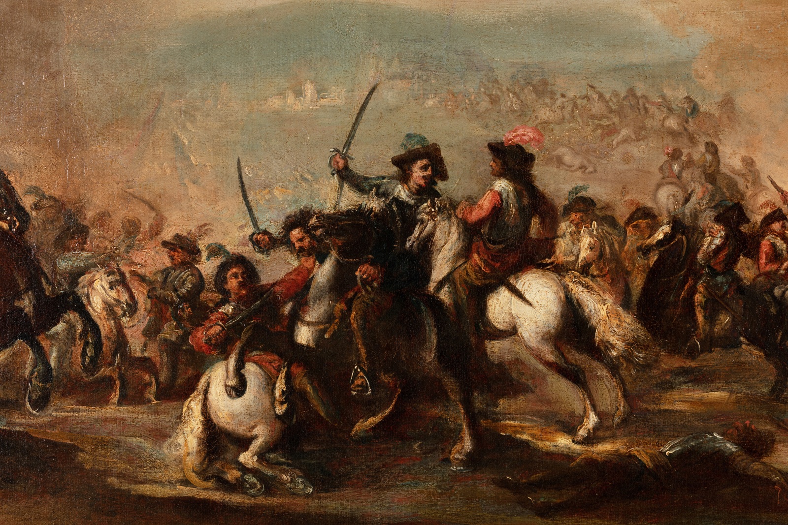 painting depicting a battle between knights