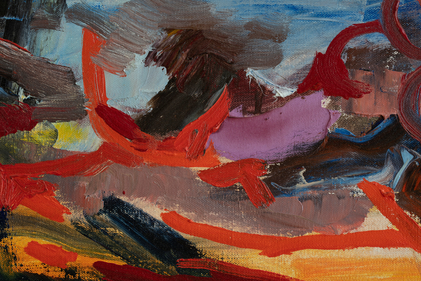 Detail of an oil painting of an abstract sunset in Velate in blue, orange, yellow, blue, red and black. Artwork details: Artist: Renato Guttuso. Artwork title: Tramonto a Velate. Artwork year: 1960. Artwork medium: Oil on canvas. Artwork dimensions: 40.1 x 50.3 cm.