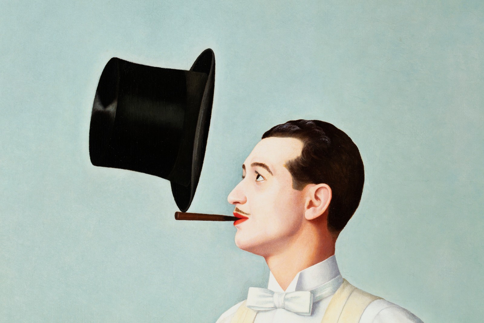 A detail of an oil painting of a Juggler balancing his hat. The figure stands in a blue room alongside a table and a vase of flowers.