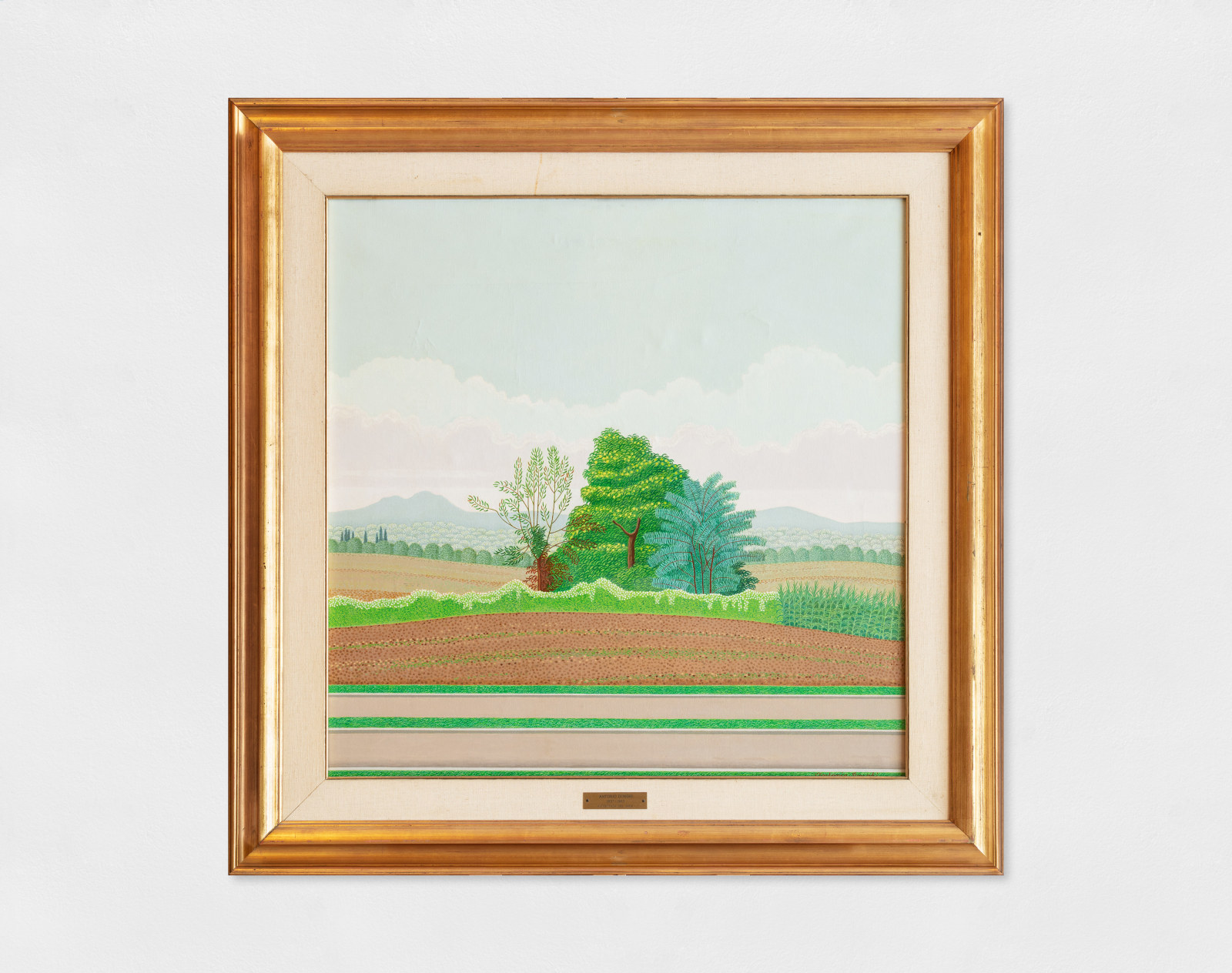 Oil painting of a road cutting through a natural landscape. In the centre are three green leafy trees and rolling mountains in the distance. Artwork details: Artist: Antonio Donghi. Artwork title: Autostrada del Sole. Artwork year: 1960. Artwork medium: Oil on canvas. Artwork dimensions: 70 x 70 cm.