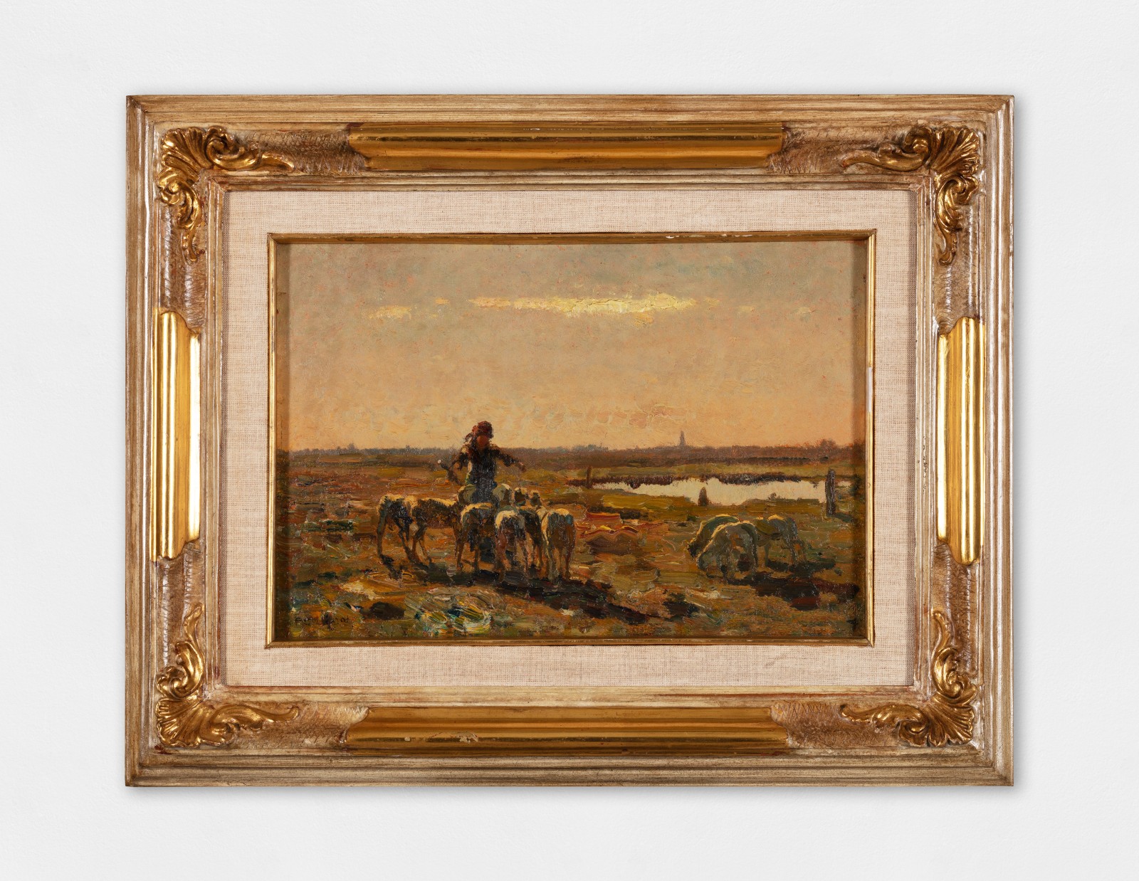 An oil painting of a shepherd with a flock of sheep in a natural landscape. The light suggests sunrise or sunset.