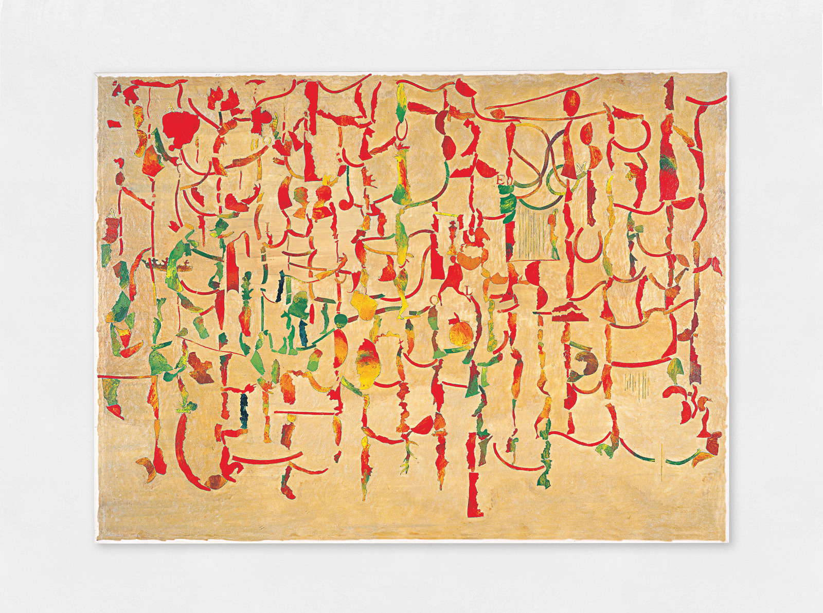A mixed media artwork made up of red, green and yellow on a beige background.