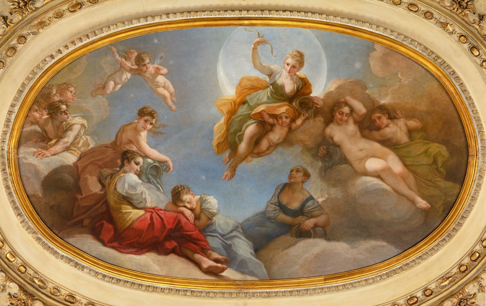 painting depicting an Allegory with Diana, the Nymphs, the Zephyrs and Cupids