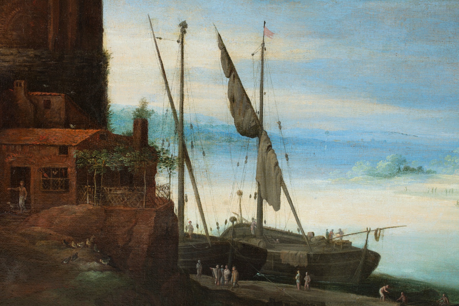 Detail of an oil painting of a coastal view with a tower.