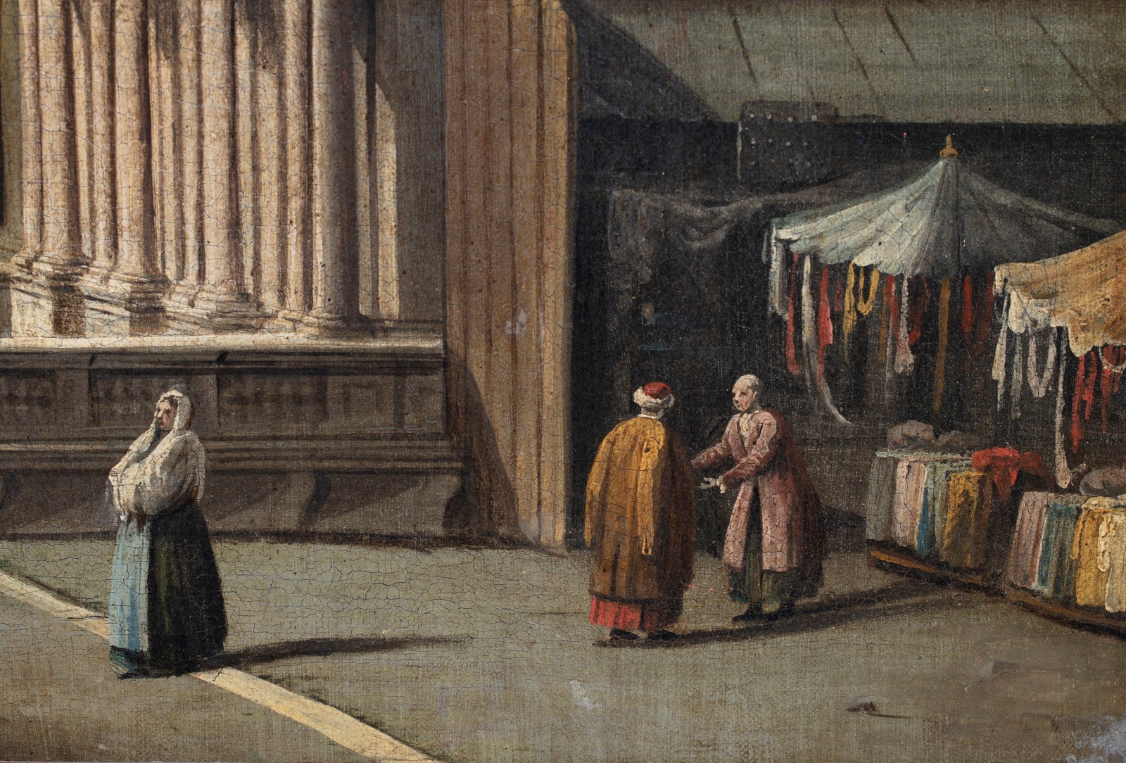 Detail of an oil painting of a Venetian scene.