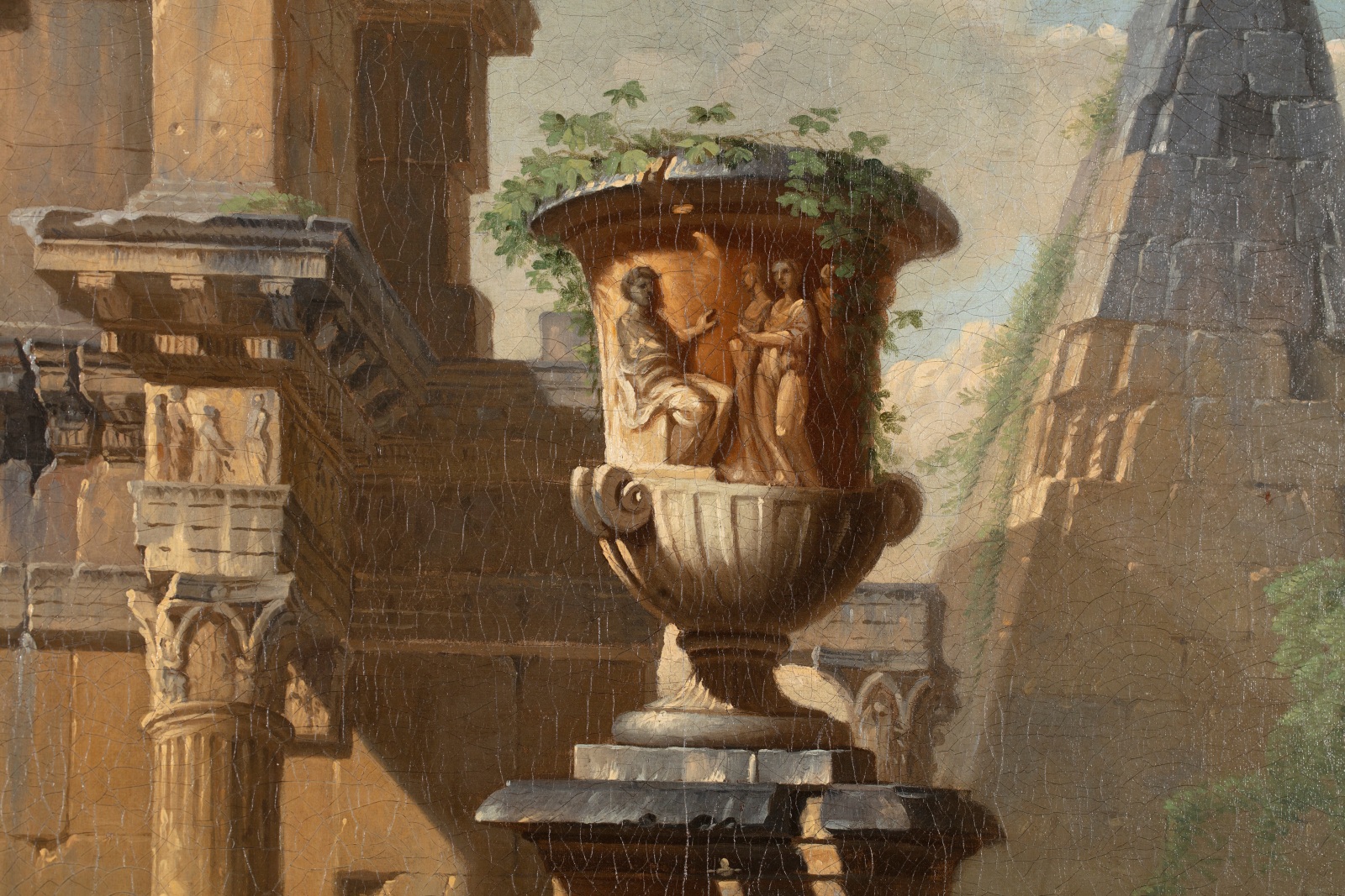 Detail of an oil painting of figures gathered on ancient ruins.