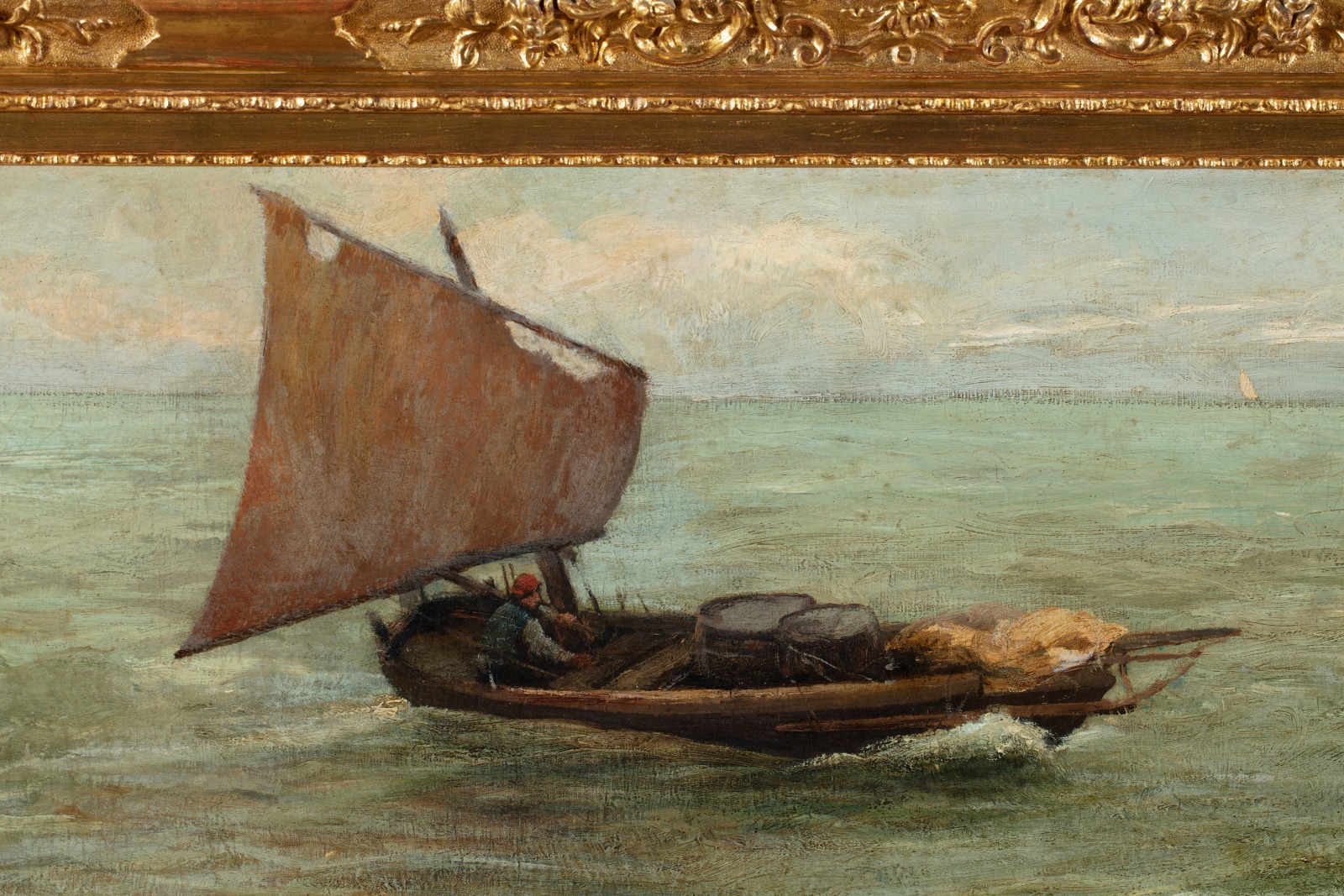 Detail of an oil painting of a sailing boat at the marina in rough waters.