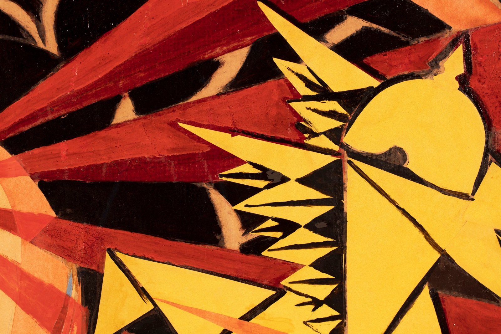 Detail of a brightly coloured oil paint and collaged abstract painting of a spiral and interlocking patterns in black, yellow, orange, blue and red.