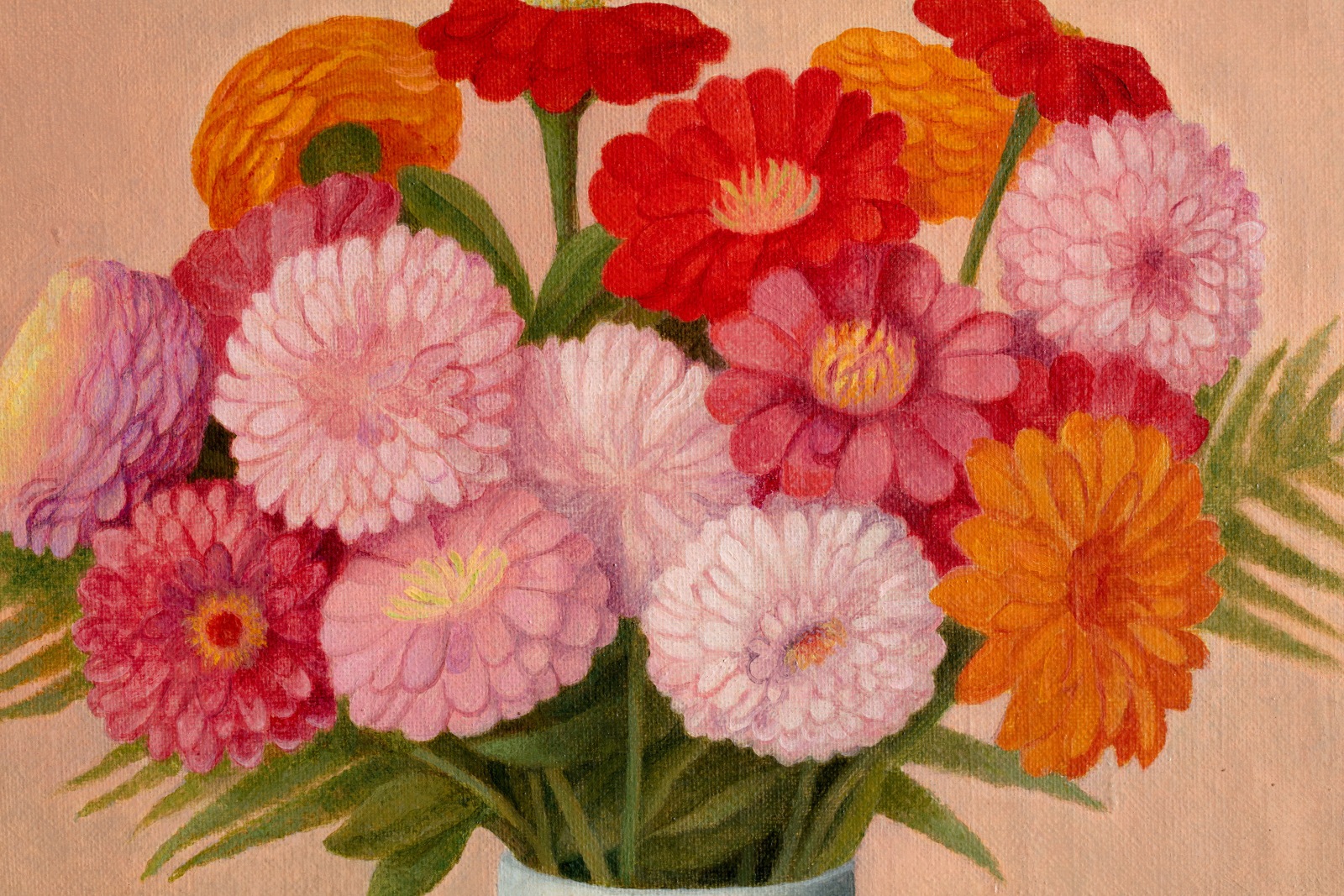 Detail of an oil painting of bright pink and orange flowers in a blue vase sat on a blue table with a pink background.