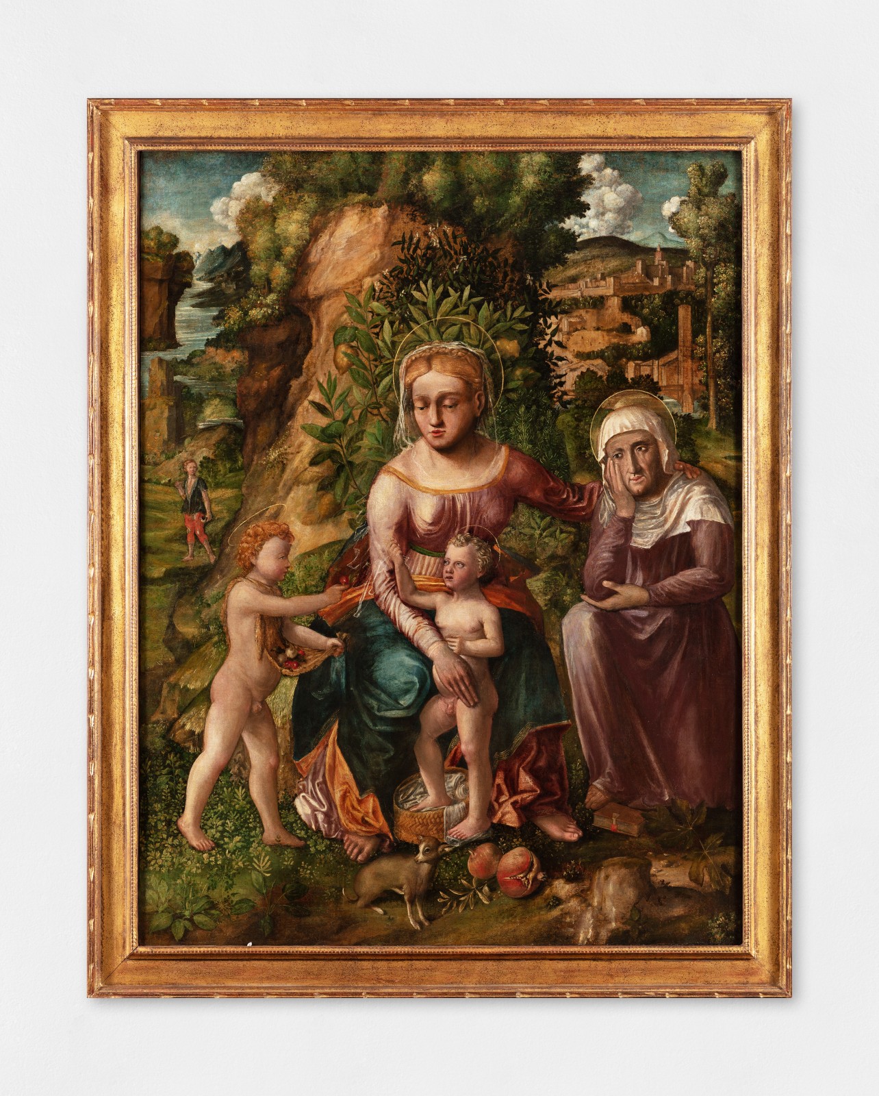 An oil painting of the Madonna with Child and Saint Anne in nature.
