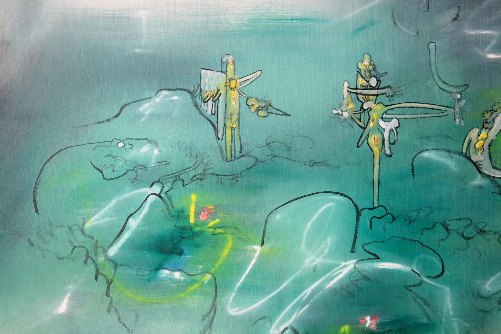 Detail of an abstract oil painting in green, yellow, white and black.