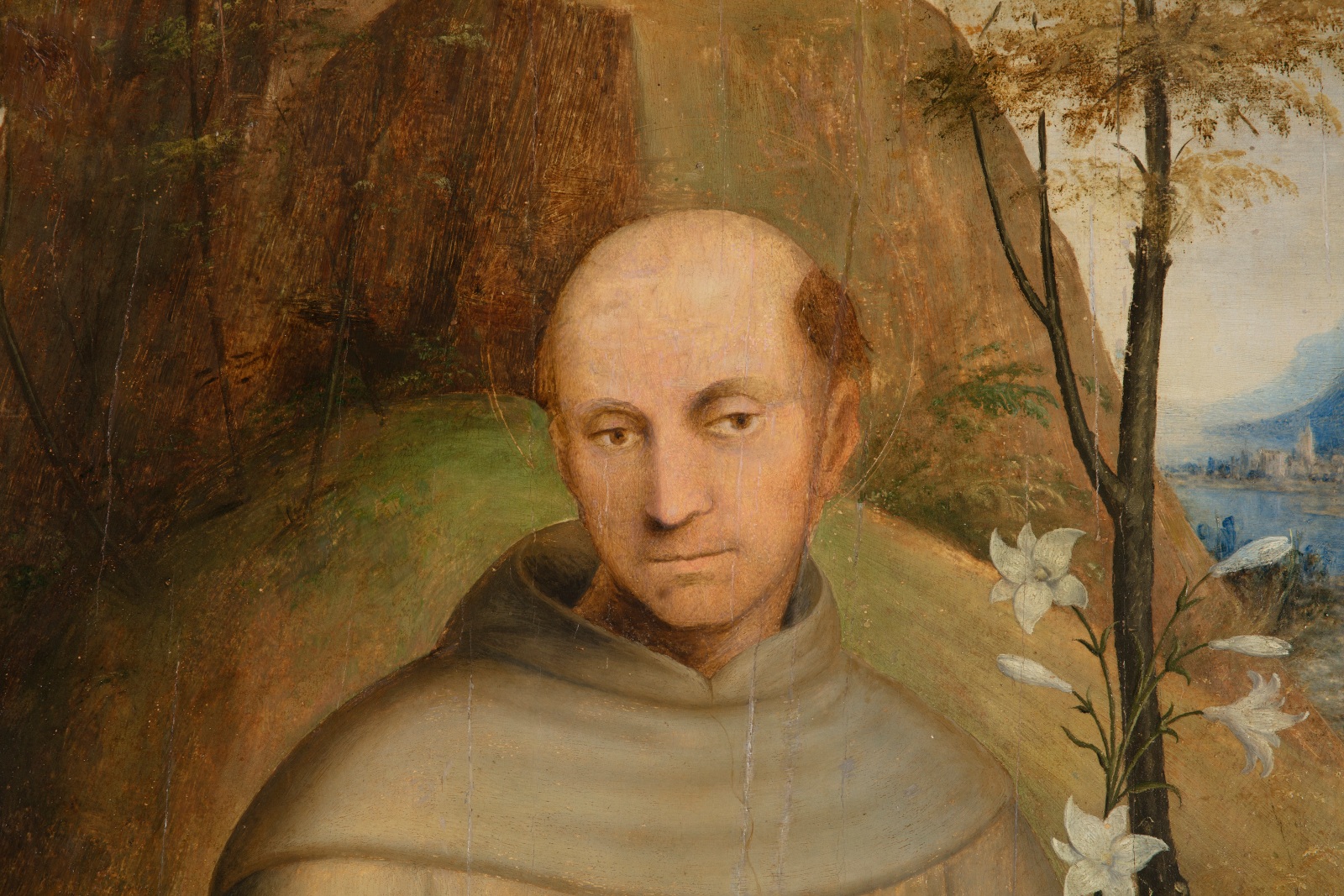 Detail of an oil painting of Saint Catherine, Anthony of Padua and Ursula, set in a natural landscape. The detail shows the face of Saint Anthony of Padua.