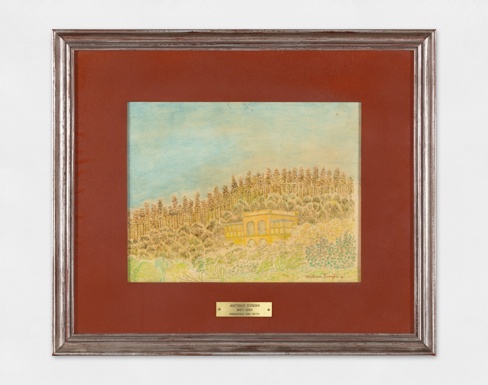 Watercolour pastel on paper of a house among trees. The work on paper is a study for the painting 'Villa al Faito'.