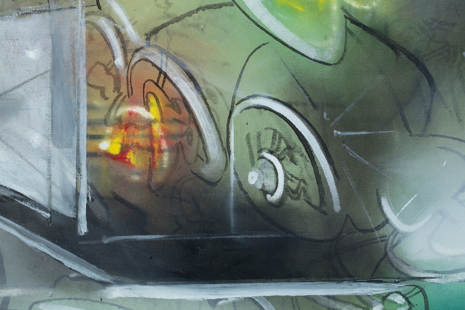 Detail of an abstract oil painting in black, green, white yellow and red.
