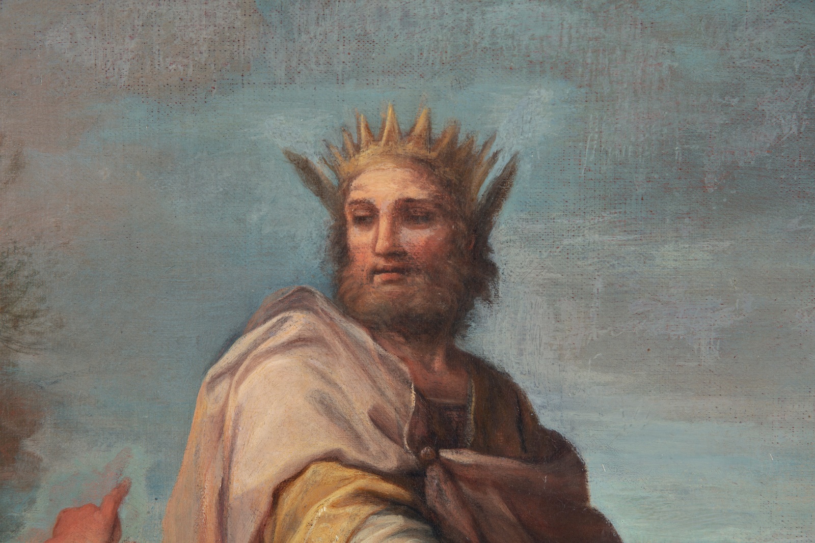 Detail of an oil painting depicting a story from Ovid's Metamorphoses, the Judgment of Midas. Pan, centre-right with goat legs, challenged the god of music, Apollo, centre-left, cloaked in red, to a musical competition. King Midas disagreed with Apollo as the winner, and so Apollo gave Midas donkey ears for his bad judgment. This detail shows the face of King Midas with donkey ears.