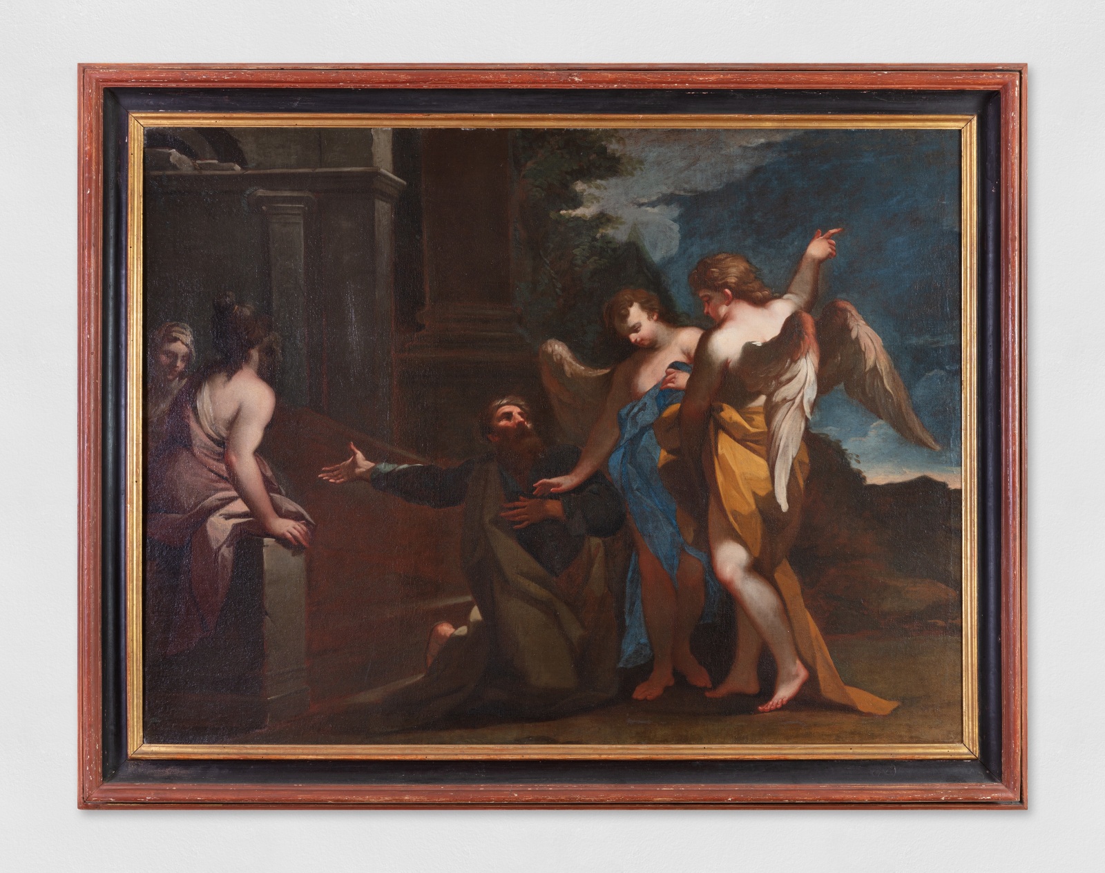 An oil painting of the biblical event the Trinity, three angels visiting Abraham at the Oak of Mamre (Genesis 18:1–8). Abraham, dressed in darker tones, kneels at the feet of the angels, draped in vibrant blue and gold. Artwork details: Artist: Antonio Balestra (copy). Artwork title: Abramo e la Trinità.