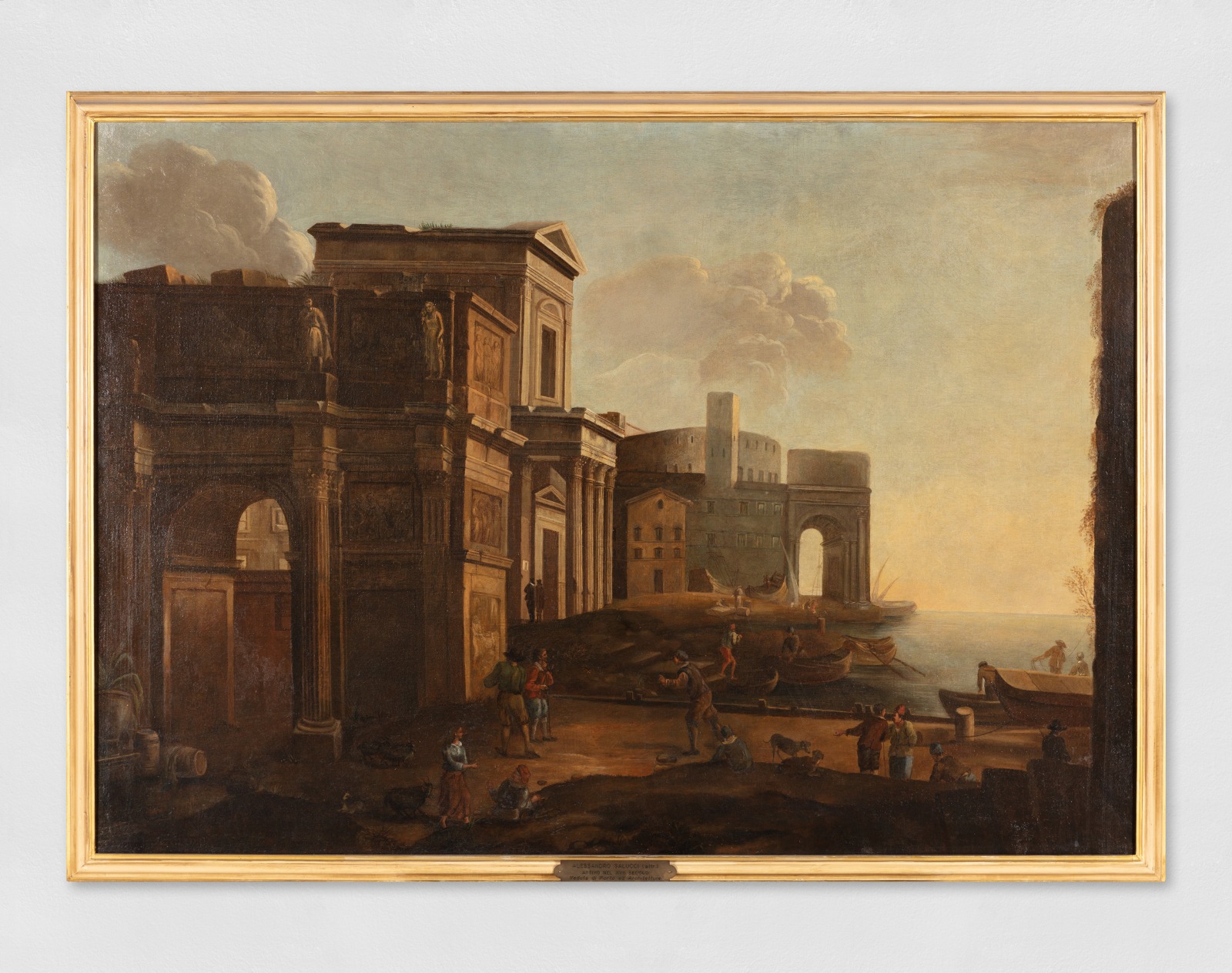 painting depicting a harbor scene, with architectural elements, ships, and figures in a lively coastal setting.