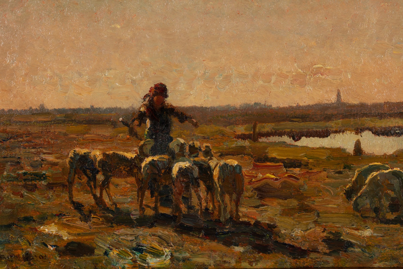 An oil painting of a shepherd with a flock of sheep in a natural landscape. The light suggests sunrise or sunset.