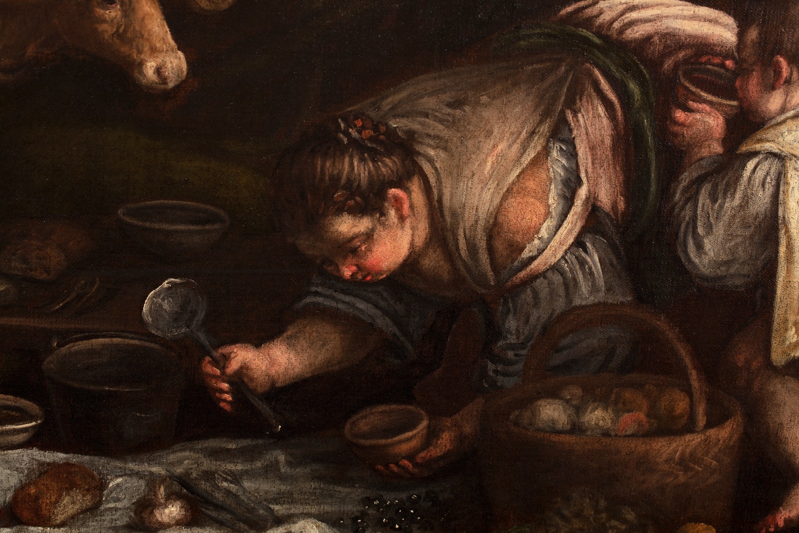 Detail of an oil painting of rural people harvesting food. Artwork details: Artist: Leandro Bassano (Leandro da Ponte) (area). Artwork title: L'Autunno. Artwork dates: c.1600-10. Artwork medium: Oil on canvas. Artwork dimensions: 144.5 x 221 cm.